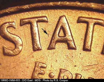 Die-stage B marker on 1968D•1MM•003 (1968 Repunched Mint Mark).