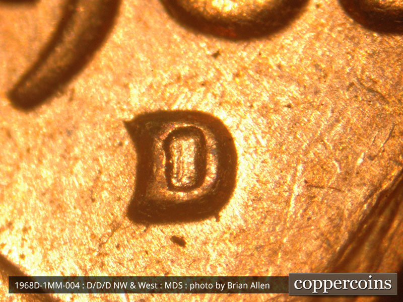 1968 Lincoln cent obverse, CopperCoins die 1968D•1MM•004.