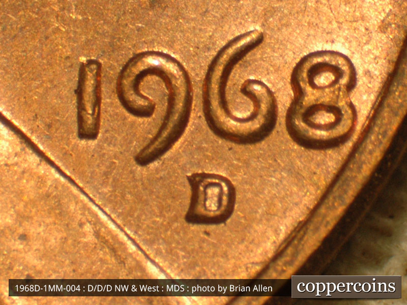 Die-stage B marker on 1968D•1MM•004 (1968 Repunched Mint Mark).