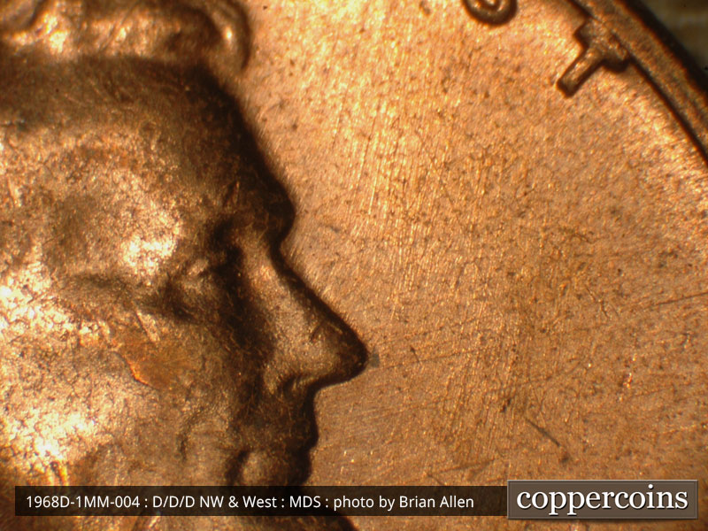 Die-stage B marker on 1968D•1MM•004 (1968 Repunched Mint Mark).