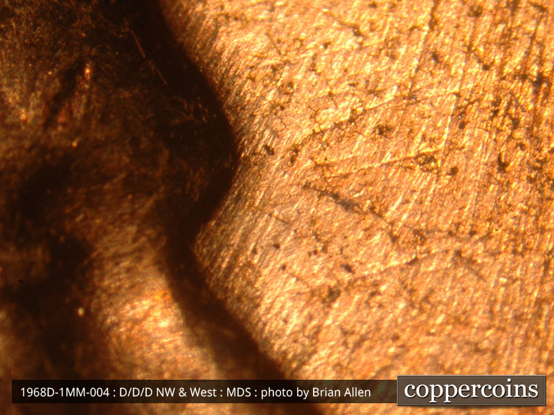 Die-stage B marker on 1968D•1MM•004 (1968 Repunched Mint Mark).