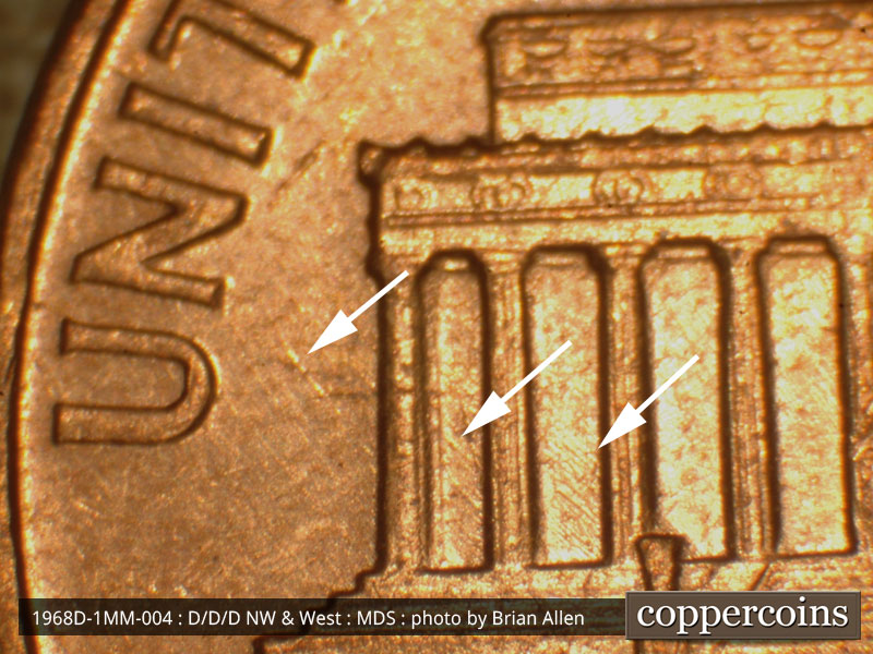 Die-stage B marker on 1968D•1MM•004 (1968 Repunched Mint Mark).