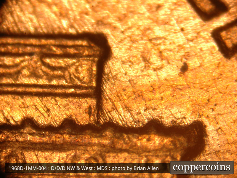 Die-stage B marker on 1968D•1MM•004 (1968 Repunched Mint Mark).