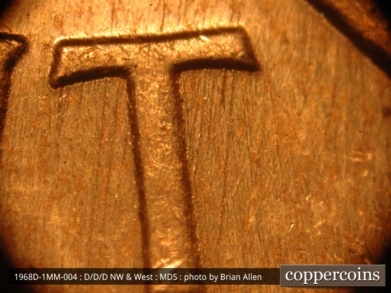 Die-stage B marker on 1968D•1MM•004 (1968 Repunched Mint Mark).