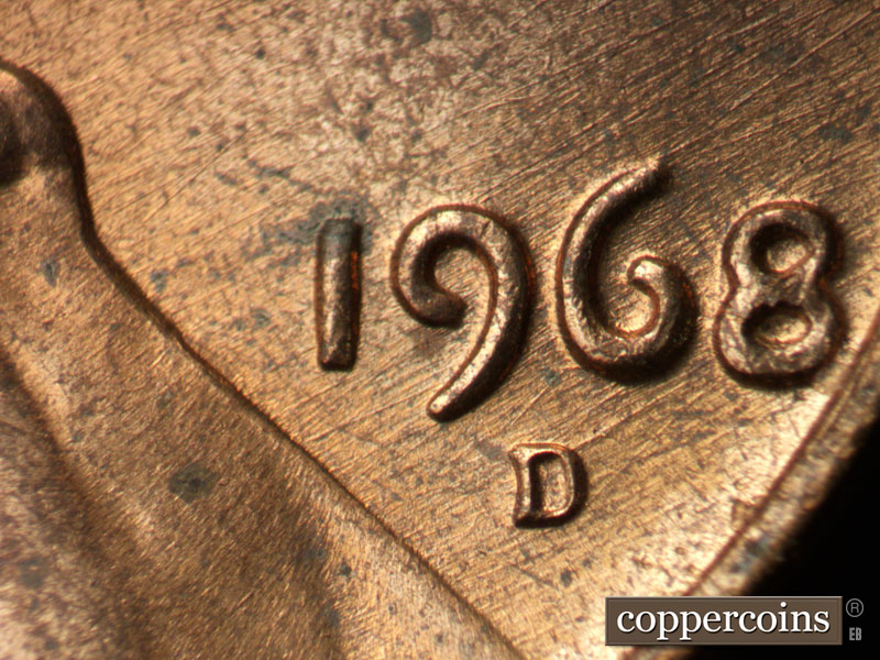 Die-stage B marker on 1968D•1MM•007 (1968 Repunched Mint Mark).