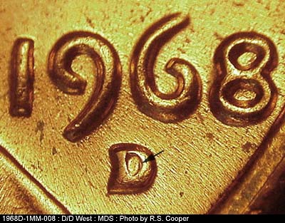 1968 Lincoln cent obverse, CopperCoins die 1968D•1MM•008.