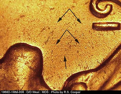 Die-stage B marker on 1968D•1MM•008 (1968 Repunched Mint Mark).
