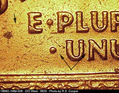 Die-stage B marker on 1968D•1MM•008 (1968 Repunched Mint Mark).