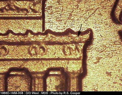 Die-stage B marker on 1968D•1MM•008 (1968 Repunched Mint Mark).