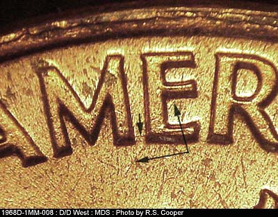 Die-stage B marker on 1968D•1MM•008 (1968 Repunched Mint Mark).