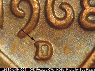 1968 Lincoln cent obverse, CopperCoins die 1968D•1MM•009.
