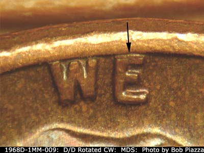 Die-stage B marker on 1968D•1MM•009 (1968 Repunched Mint Mark).