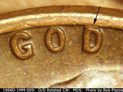 Die-stage B marker on 1968D•1MM•009 (1968 Repunched Mint Mark).