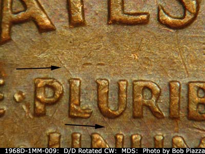 Die-stage B marker on 1968D•1MM•009 (1968 Repunched Mint Mark).