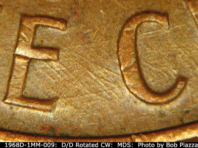 Die-stage B marker on 1968D•1MM•009 (1968 Repunched Mint Mark).