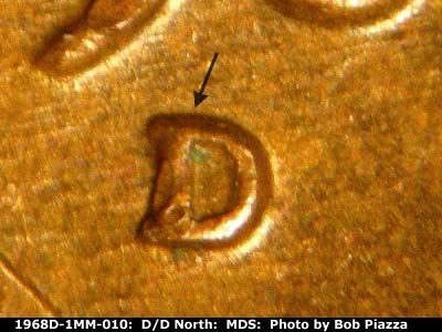 Die-stage B marker on 1968D•1MM•010 (1968 Repunched Mint Mark).