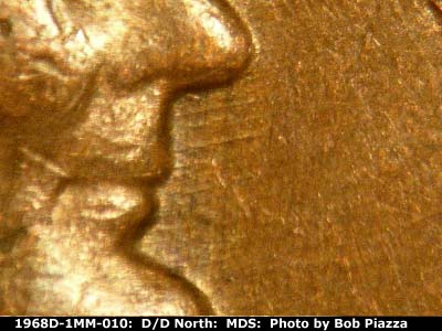 Die-stage B marker on 1968D•1MM•010 (1968 Repunched Mint Mark).