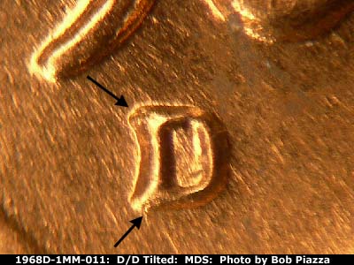 Die-stage B marker on 1968D•1MM•011 (1968 Repunched Mint Mark).