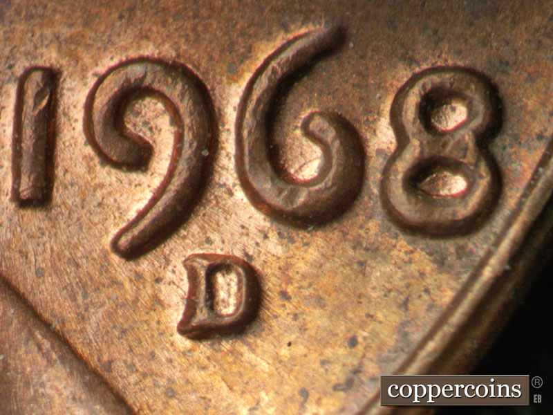 1968 Lincoln cent obverse, CopperCoins die 1968D•1MM•012.