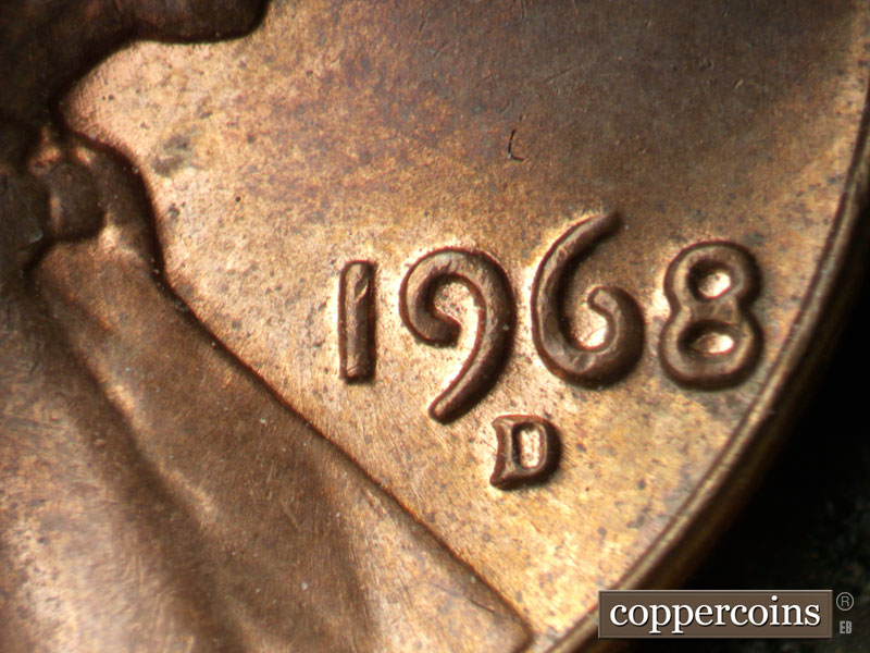 Die-stage B marker on 1968D•1MM•012 (1968 Repunched Mint Mark).