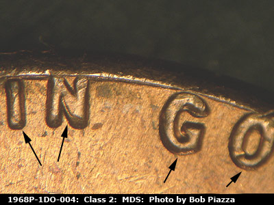 Die-stage B marker on 1968P•1DO•004 (1968 Doubled Die Obverse).