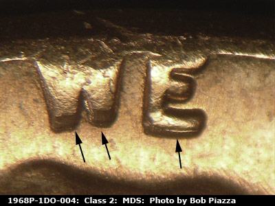 Die-stage B marker on 1968P•1DO•004 (1968 Doubled Die Obverse).