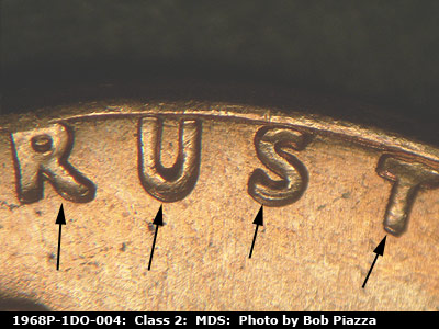 Die-stage B marker on 1968P•1DO•004 (1968 Doubled Die Obverse).