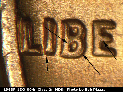 Die-stage B marker on 1968P•1DO•004 (1968 Doubled Die Obverse).