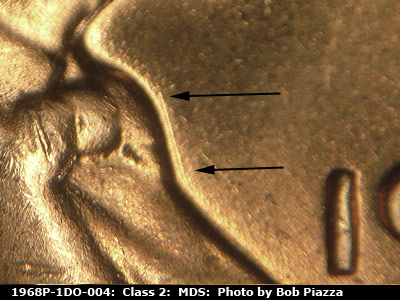 Die-stage B marker on 1968P•1DO•004 (1968 Doubled Die Obverse).