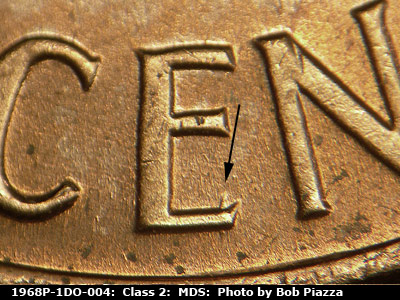 Die-stage B marker on 1968P•1DO•004 (1968 Doubled Die Obverse).