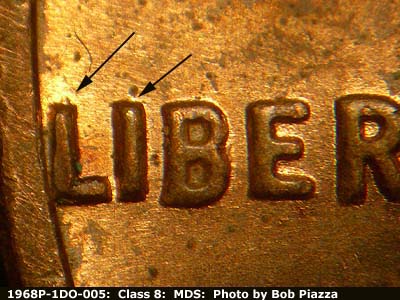 Die-stage B marker on 1968P•1DO•005 (1968 Doubled Die Obverse).