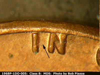 Die-stage B marker on 1968P•1DO•005 (1968 Doubled Die Obverse).