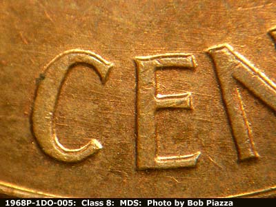Die-stage B marker on 1968P•1DO•005 (1968 Doubled Die Obverse).
