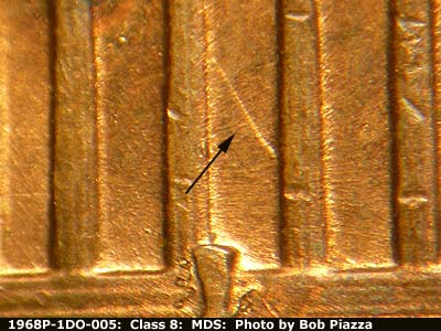 Die-stage B marker on 1968P•1DO•005 (1968 Doubled Die Obverse).