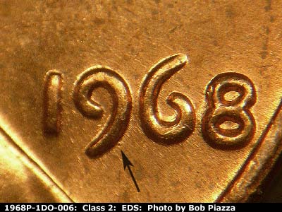 Die-stage A marker on 1968P•1DO•006 (1968 Doubled Die Obverse).
