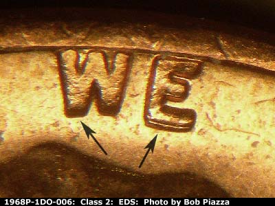 Die-stage A marker on 1968P•1DO•006 (1968 Doubled Die Obverse).