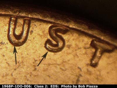 Die-stage A marker on 1968P•1DO•006 (1968 Doubled Die Obverse).