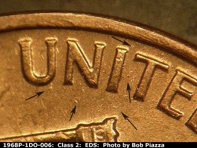 Die-stage A marker on 1968P•1DO•006 (1968 Doubled Die Obverse).