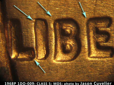 Die-stage B marker on 1968P•1DO•009 (1968 Doubled Die Obverse).
