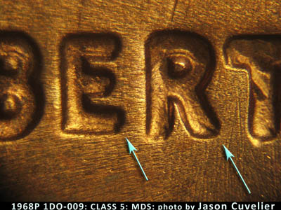 Die-stage B marker on 1968P•1DO•009 (1968 Doubled Die Obverse).