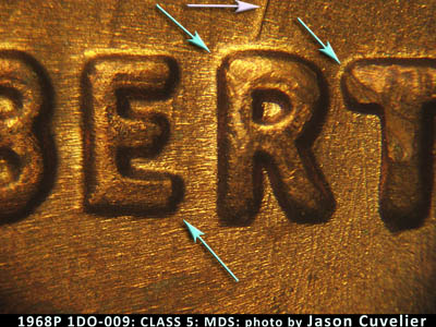 Die-stage B marker on 1968P•1DO•009 (1968 Doubled Die Obverse).