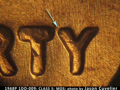 Die-stage B marker on 1968P•1DO•009 (1968 Doubled Die Obverse).