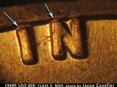Die-stage B marker on 1968P•1DO•009 (1968 Doubled Die Obverse).