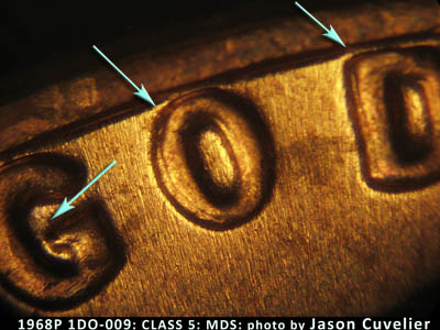 Die-stage B marker on 1968P•1DO•009 (1968 Doubled Die Obverse).