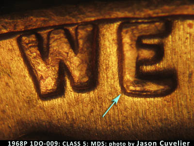 Die-stage B marker on 1968P•1DO•009 (1968 Doubled Die Obverse).