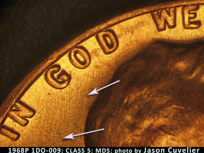 Die-stage B marker on 1968P•1DO•009 (1968 Doubled Die Obverse).