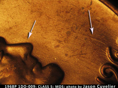 Die-stage B marker on 1968P•1DO•009 (1968 Doubled Die Obverse).
