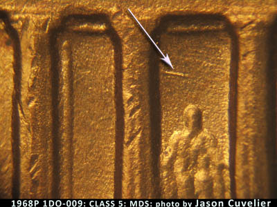 Die-stage B marker on 1968P•1DO•009 (1968 Doubled Die Obverse).