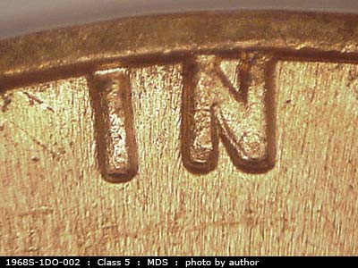 1968 Lincoln cent obverse, CopperCoins die 1968S•1DO•002.