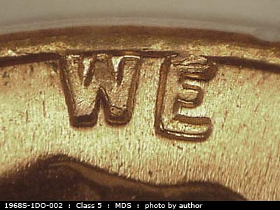 Die-stage B marker on 1968S•1DO•002 (1968 Doubled Die Obverse).
